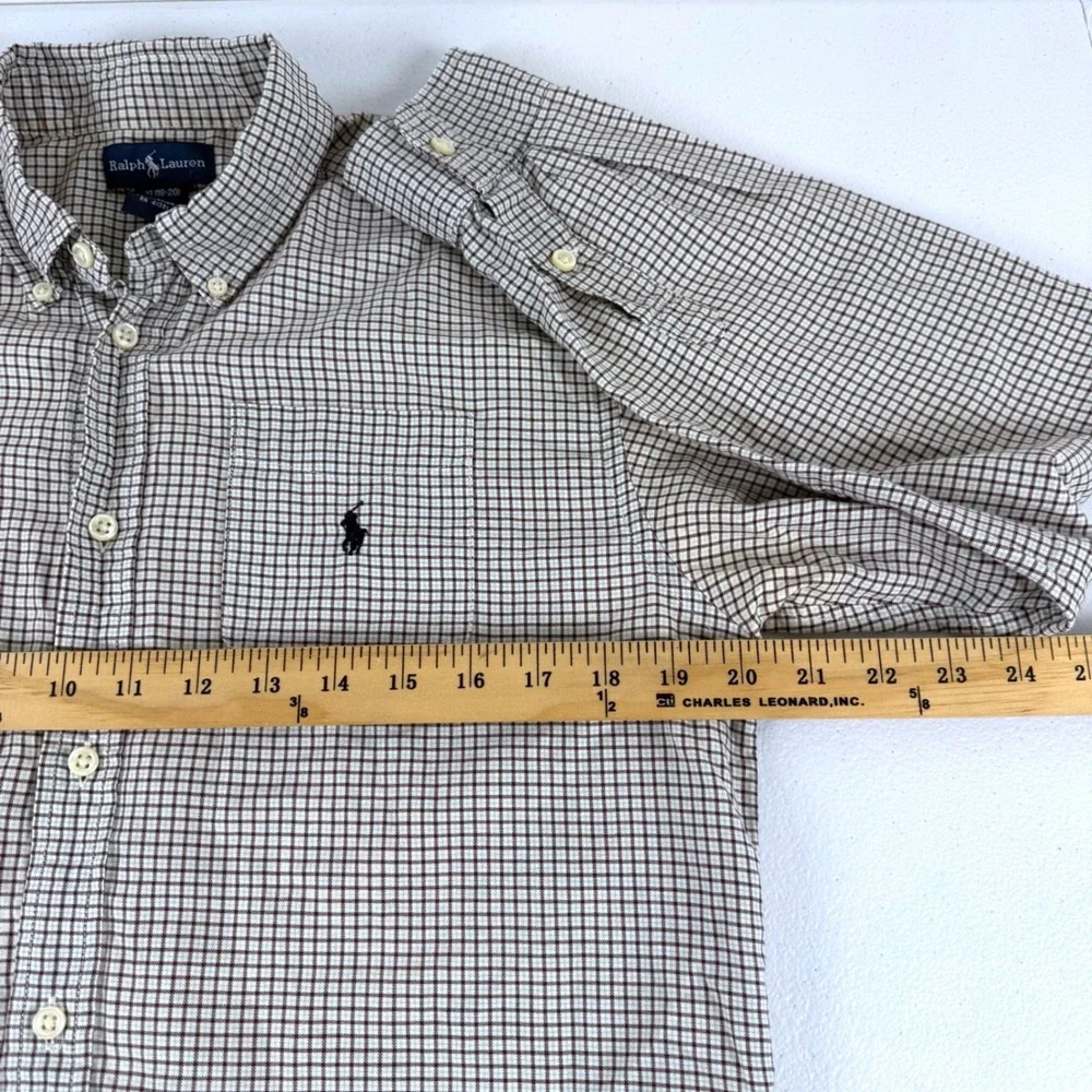 Ralph Lauren Boys XL 18-20 Brown White Check Button Down Shirt Long Sleeve